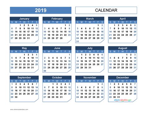 2019 Yearly Calendar Printable Template Office Style Us Edition