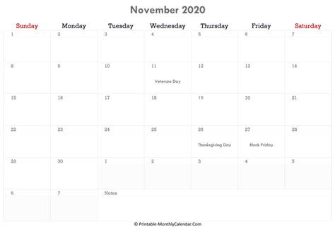 November 2020 Calendar Printable With Holidays