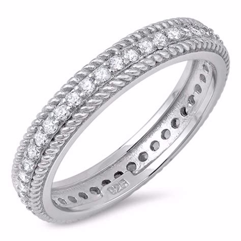 Sterling Silver Cz Simulated Diamond Rope Sides Eternity Ring