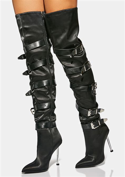 Azalea Wang Satin Knee High Buckle Strap Stiletto Boots Black Dolls
