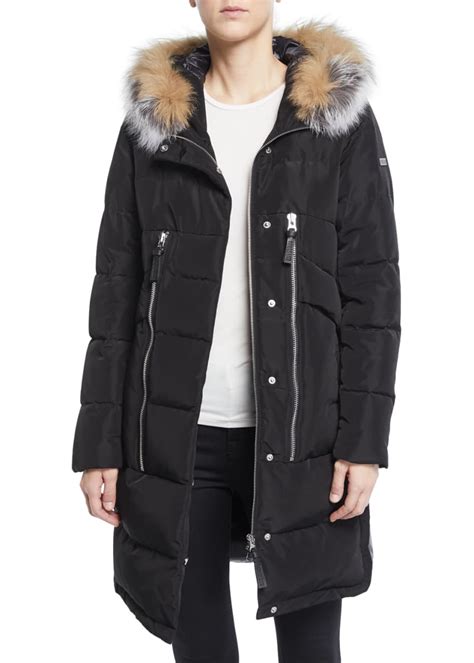 Derek Lam 10 Crosby Zip Front Quilted Parka Jacket With Fox Fur Hood