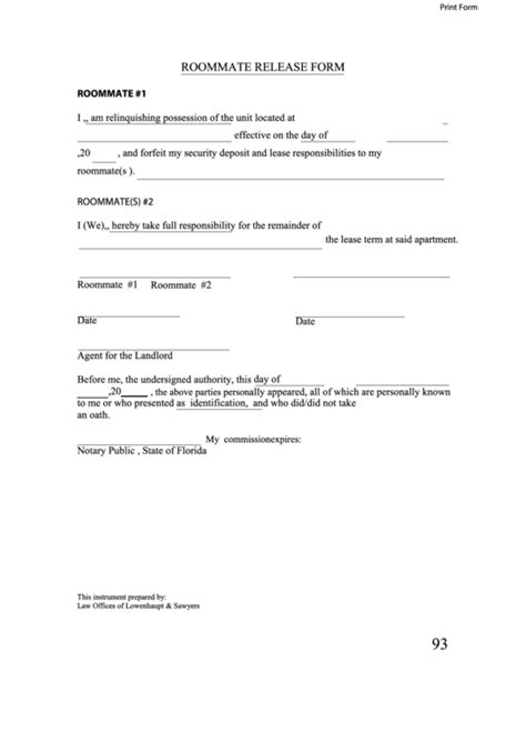 fillable roommate release form printable