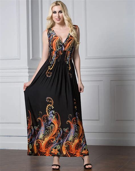 2018 Bohemian Womens Large Size Long Dress Sleeveless Boho Maxi Dress Flower Printing Sexy