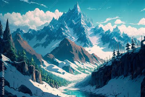 River And A Great Snow Covered Mountain Superb Anime Styled And Dnd