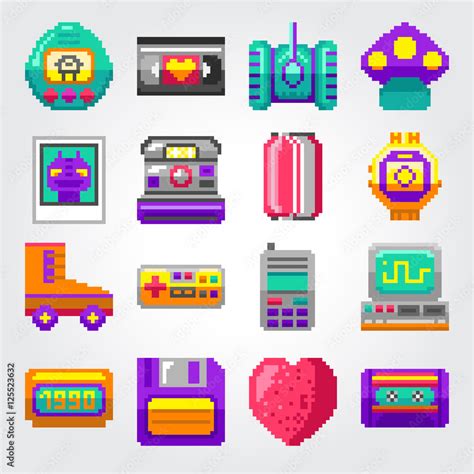 Pixel Objects Of 90s Vector Illustration Pixel Art Bright Object