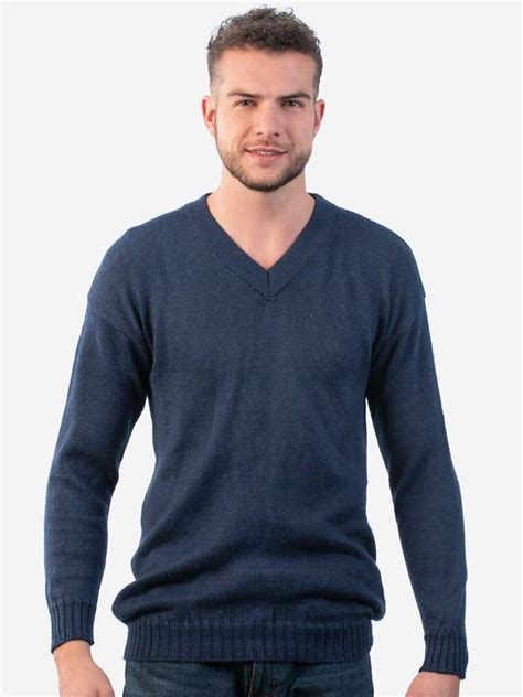 Blue Alpaca Sweater For Men Knitted In Warm Alpaca Wool With V Neck