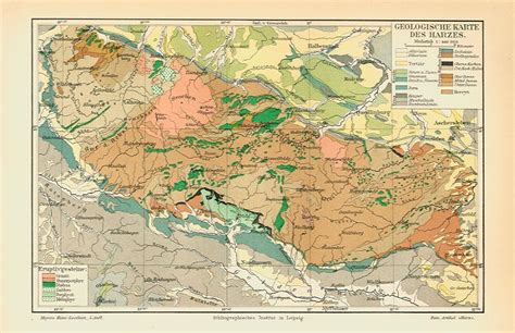 Karten, landkarten, wanderkarten, topografische karten. Harz Gebirge Karte Deutschland Chromo Originale 100 J - Billerantik