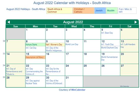 Print Friendly August 2022 South Africa Calendar For Printing