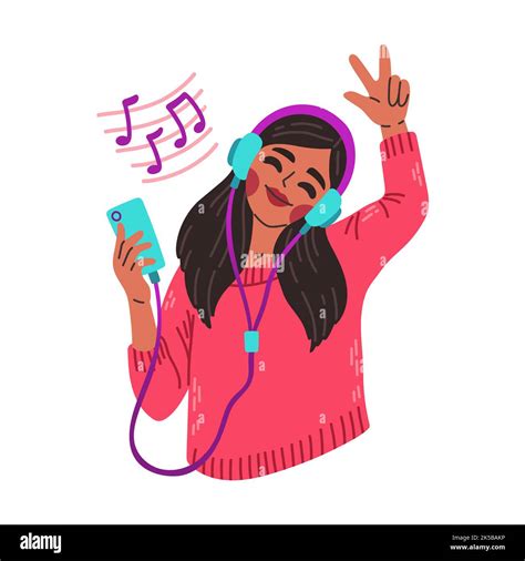 Girl In Earphones And Headphones Listening To Music And Dancing Flat
