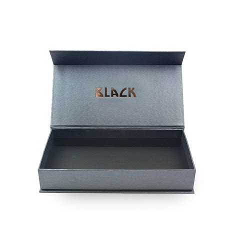 Fold flat with magnetic snap shut closure and ribbon options. Luxury Black Hinged Lid Boxes With Foil Stamp
