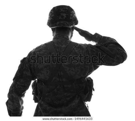 Silhouette Saluting Soldier On White Background Stock Photo 1496441633