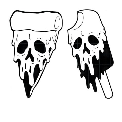 Two Pieces Of Pizza With Melted Toppings And One Slice Has A Skull On It