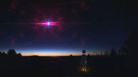 X Resolution Anime Girl Staring At Night Sky K Wallpaper