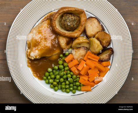 Traditional Sunday Roast Lunch Or Dinner Of Roast Chicken With
