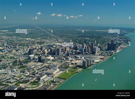 Aerial View Of Downtown Detroit Michigan And Detroit River Usa Stock