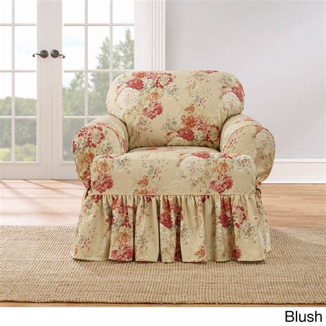 Sure-Fit Ballad Bouquet Armchair T-Cushion Skirted Slipcover (T-Cushion Chair, BLUSH), Sure Fit 