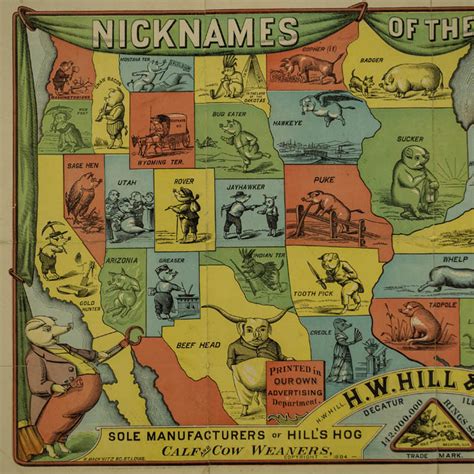 Map United States Pictorial Nicknames Of The States Hill Hog Rings
