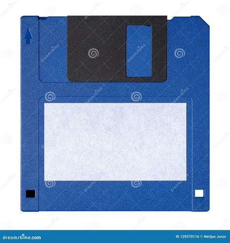 A Blue Floppy Disk With A White Sticky Label With A Bunch Of Other