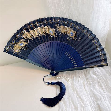 Vintage Style Peacock Feather Handheld Folding Fan Classic Chinese