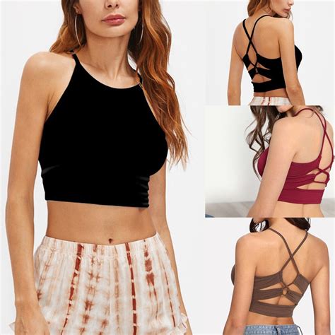Sexy Summer Women Cutout Back Crisscross Spaghetti Strap Crop Top Lace Up Back Cami Fitness Tank