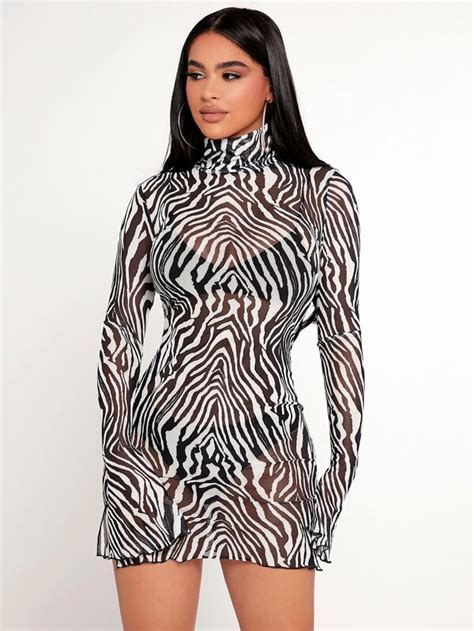 SHEIN PETITE Zebra Striped High Neck Mesh Bodycon Dress Without