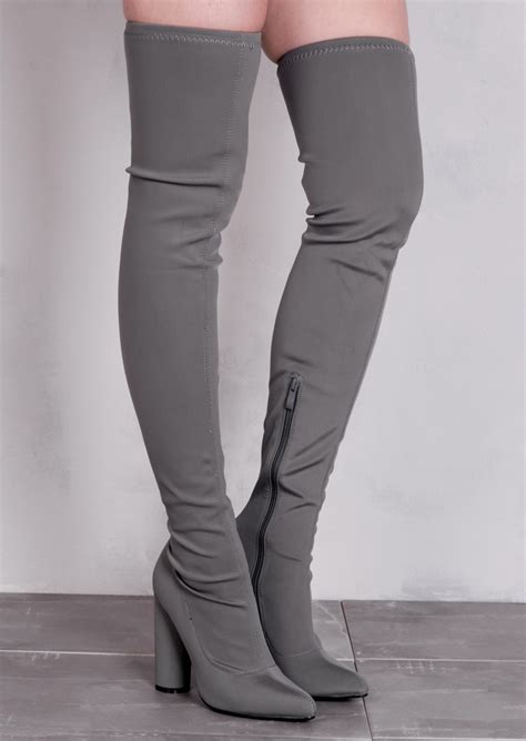 over the knee thigh high long boots in stretchy lycra grey