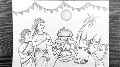 Beautiful Pongal Festival Drawing How To Draw Pongal Scenery Drawing