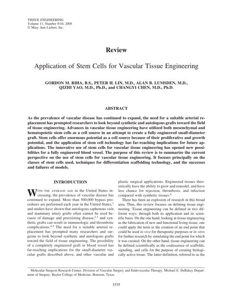 Pdf Review Application Of Stem Cells For Vascular Tissue Engineering