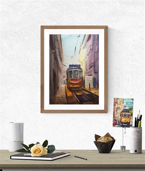 Lisbon Tram Picture Yellow Tram Drawing Watercolor Painting Of City
