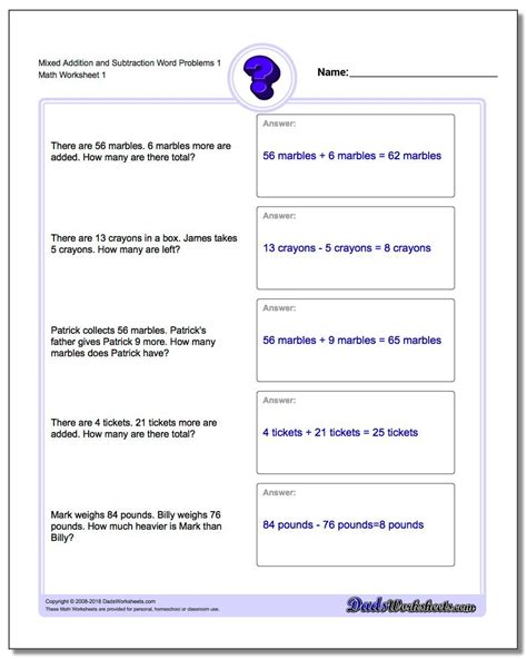 Below are three versions of our grade 1 math worksheet with word problems involving the subtraction of single digit numbers. Mixed Addition and Subtraction Word Problems