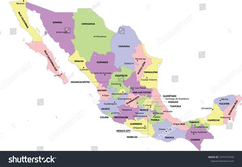 Mexico Administrative Map States Capitals Colored Stock Vector Royalty