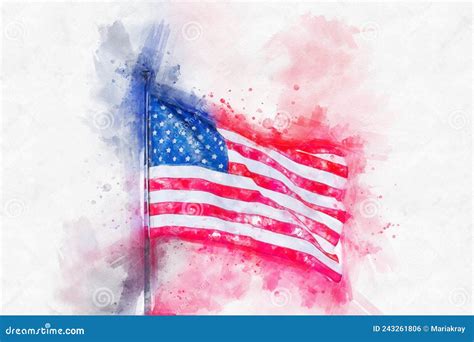 Watercolor Painting Illustration Of American Flag Isolated Over A White