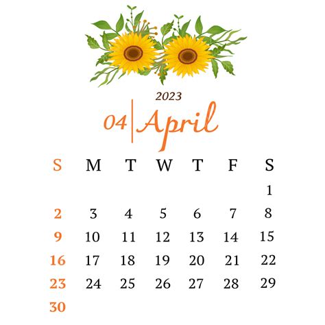 Calendar April 2023 Png Picture Calendar April 2023 With Sunflowers