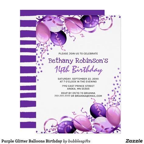 Purple Glitter Balloons Birthday Invitation Zazzle Purple Birthday