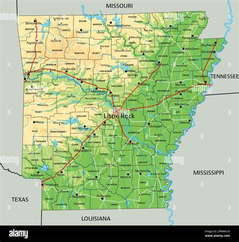 High Detailed Arkansas Physical Map With Labeling Stock Vector Image