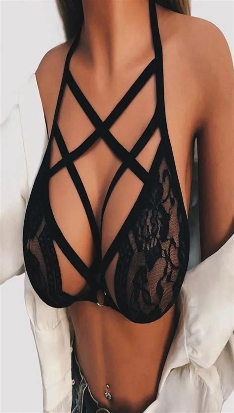 Sexy Lingerie Women Bandage Halter Bra Sheer Lace Hollow Out Backless Unpadded Bras Buster Crop