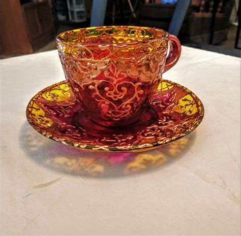 Indian Set Of Hand Painted Glass Teacups And Saucers Emerald Etsy