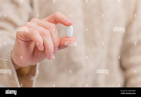 Woman Takes Pills Or Vitamins Woman Is Holding Pill Her Hand Stock