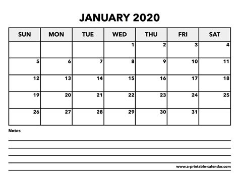 Calendar January 2020 A Printable Calendar