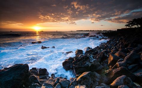 Wallpaper Hawaii Ocean Sunset Rocks Coast 1920x1200 Hd Picture Image