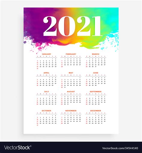 Abstract 2021 New Year Calendar In Watercolor Vector Image