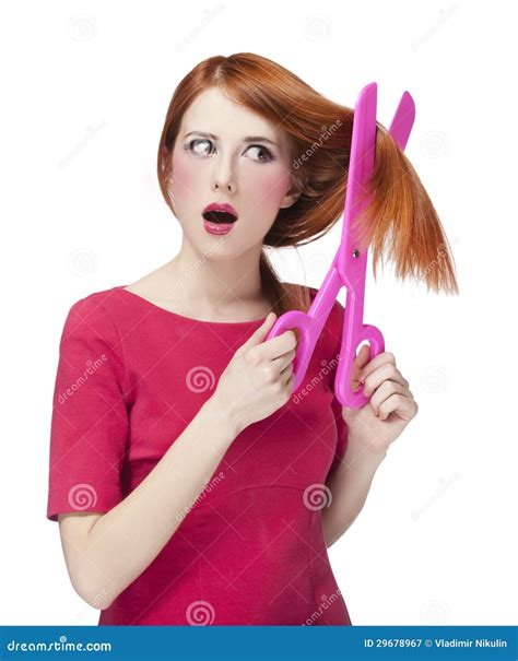 Redhead Girl With Big Scissors Stock Image Image Of Model Positive