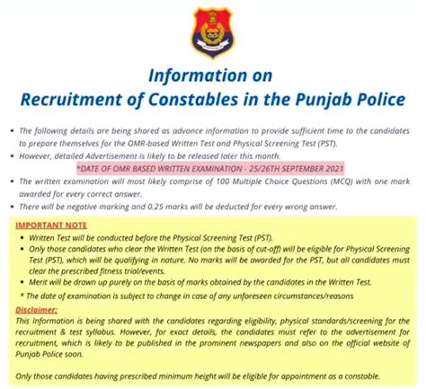 Punjab Police Constable Recruitment 2021 Apply Online Form Notification