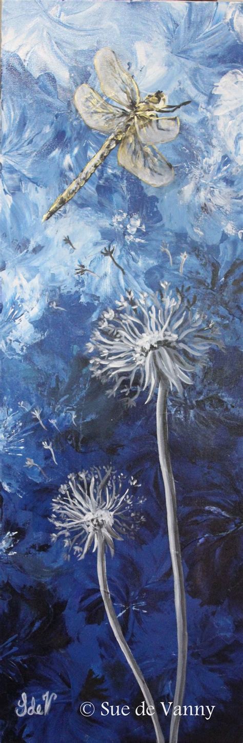 Dragonfly And Dandelions 2 Acrylic On Canvas 30 X 90 Cm For Sale