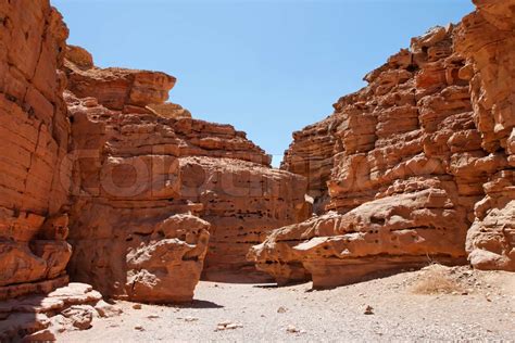 Desert Landscape Of Weatherd Red Rocks In Red Canyon Israel Stock