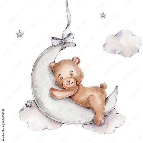 Cute Teddy Bear Sleeps On The Moon Watercolor Hand Drawn Illustration