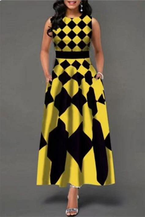 yellow fashion casual print patchwork o neck sleeveless dress fashion dresses online women s