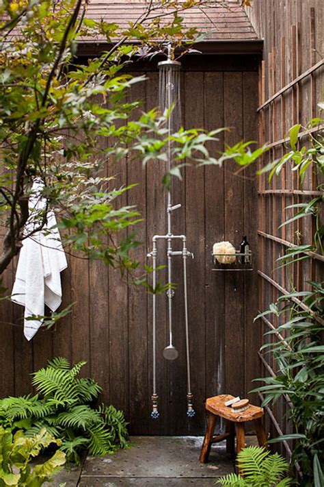 Rustic Private Outdoor Shower With Wood Elements