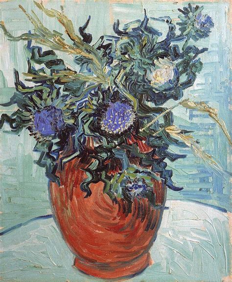 Vase with flowers, coffeepot and fruit. Vase With Flowers And Thistles, 1890 Painting by Vincent Van Gogh