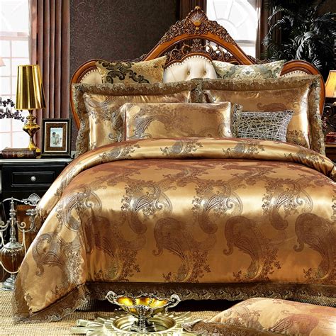 2017 Goldwhiteblue Jacquard Silk Bedding Set Luxury 4pcs